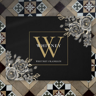 Personalised Black Gold Monogram Floral Roses Doormat