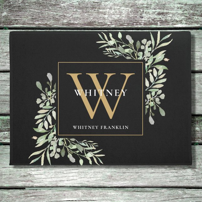 Personalised Black Gold Monogram Greenery Floral D Doormat (Creator Uploaded)