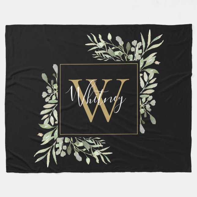 Personalised Black Gold Monogram Greenery Floral Fleece Blanket (Front (Horizontal))