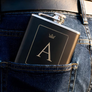Personalised black gold monogrammed elegant hip flask