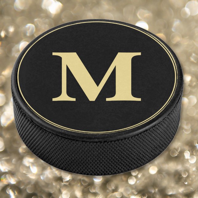 Personalised Black Gold Monogrammed Player Team Hockey Puck (Personalized Black Gold Monogrammed Player Team Hockey Puck)