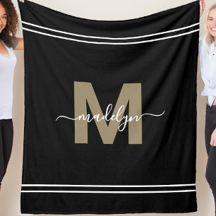 Personalised Black Gold Name Monogram Fleece Blanket