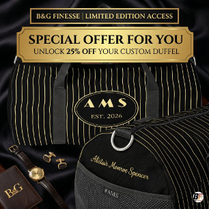 Personalised Black Gold Pinstripe Monogram Duffle Bag
