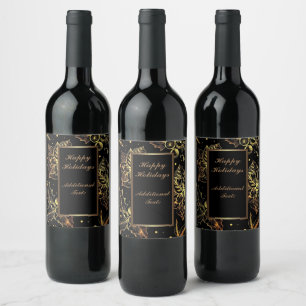 Personalised Black & Gold Poinsettias & Holly Wine Label
