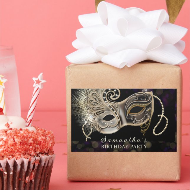 Personalised  Black Gold  Purple Masquerade Party Rectangular Sticker (Party)
