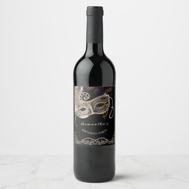 Personalised  Black Gold  Purple Masquerade Party Wine Label (Front)
