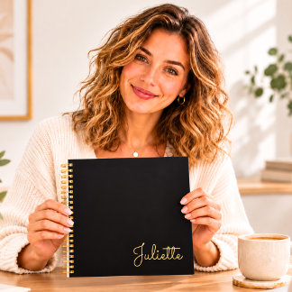 Personalised Black Gold Script Name Square Spiral Notebook