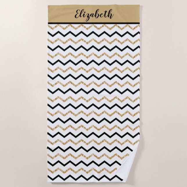 Personalised Black Gold White Chevron Zig Zag  Beach Towel (Front)