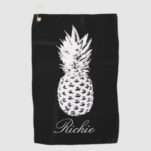 Personalised black golf towel with pineapple image
