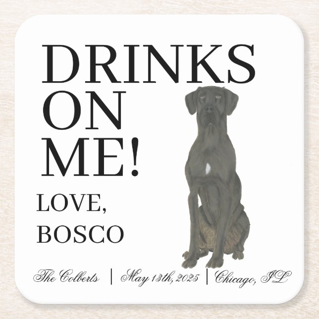 Personalised Black Great Dane Wedding Square Paper Coaster (Front)