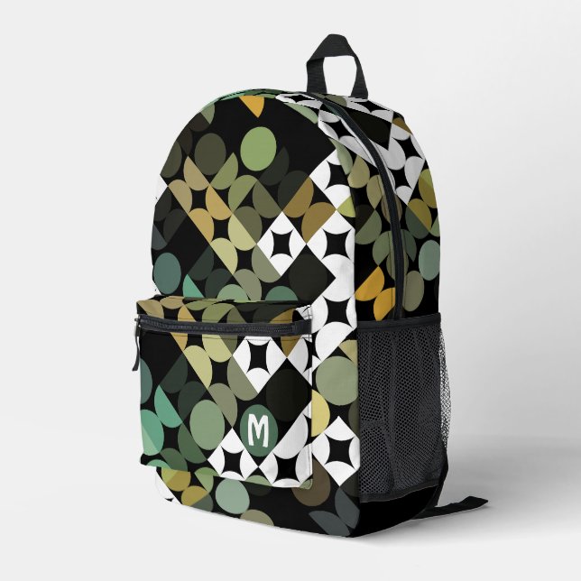 Personalised Black Green Beige Midcentury Art Printed Backpack (Back Corner Right)