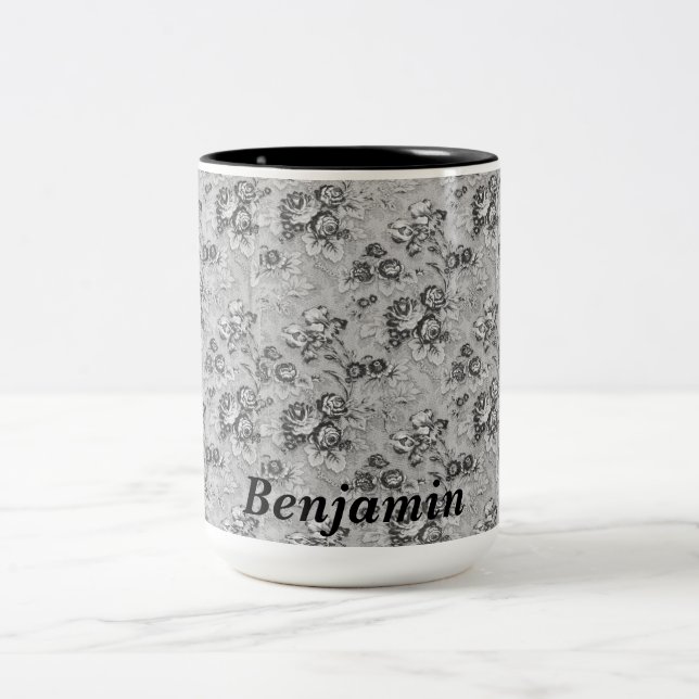 Personalised Black & Grey Florals  Two-Tone Coffee Mug (Center)