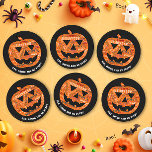 Personalised Black Halloween Pumpkin Typography Round Paper Coaster