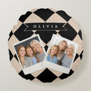 Personalised Black Harlequin Chequered Diamond Round Cushion