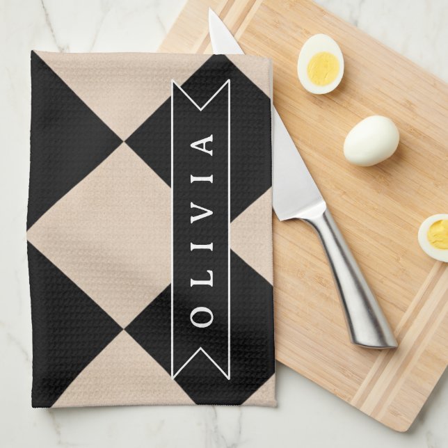 Personalised Black Harlequin Chequered Diamond Tea Towel (Quarter Fold)