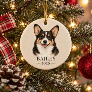 Personalised Black Head Tricolor Corgi Name & Year Ceramic Tree Decoration