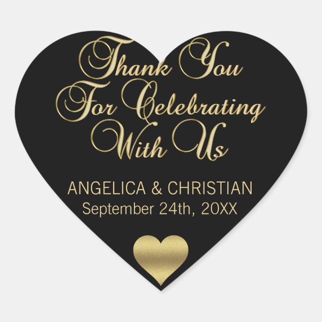 Personalised Black Heart Gold Thank You Wedding Heart Sticker (Front)