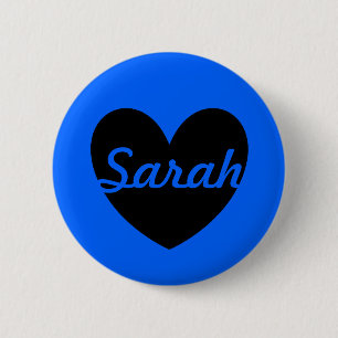 Personalised black heart on blue 6 cm round badge