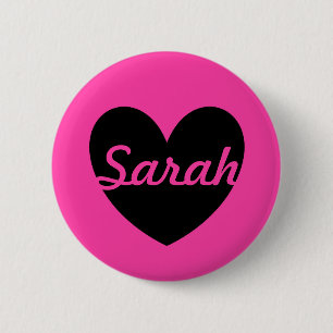 Personalised black heart on fuchsia pink 6 cm round badge