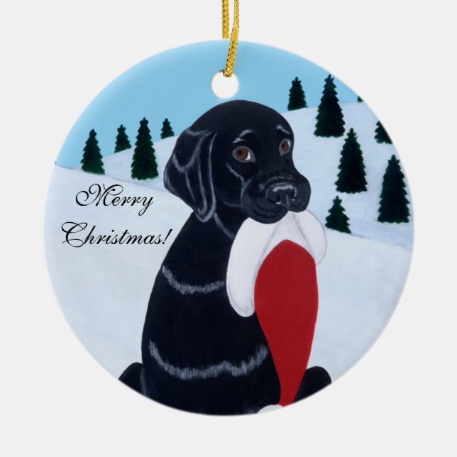 Personalised Black Lab Christmas Santa Hat Ceramic Tree Decoration (Front)