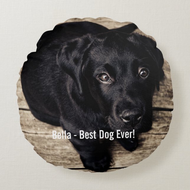 Personalised Black Lab Dog Photo and Dog Name Round Cushion (Front)