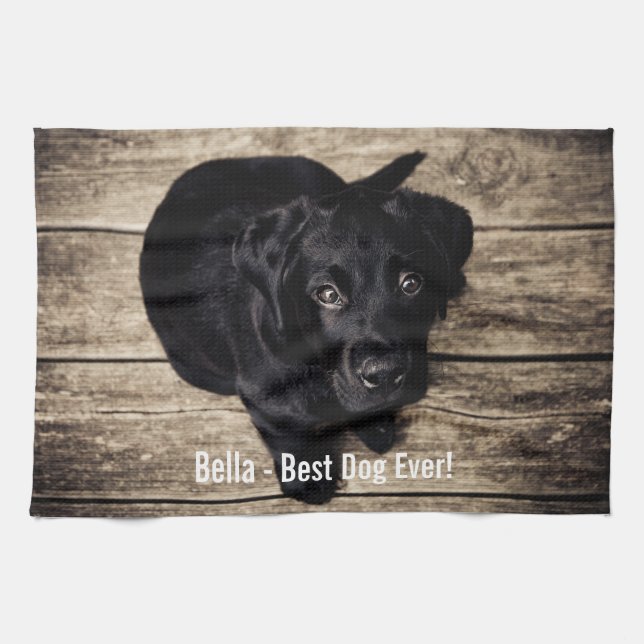 Personalised Black Lab Dog Photo and Dog Name Tea Towel (Horizontal)