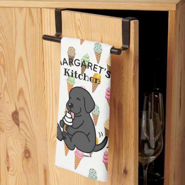 Personalised Black Lab Licking Ice Cream Tea Towel (Thirds Fold)