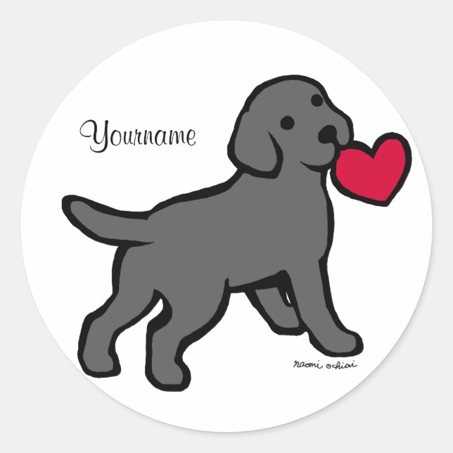 Personalised Black Lab Puppy and Red Heart Classic Round Sticker (Front)