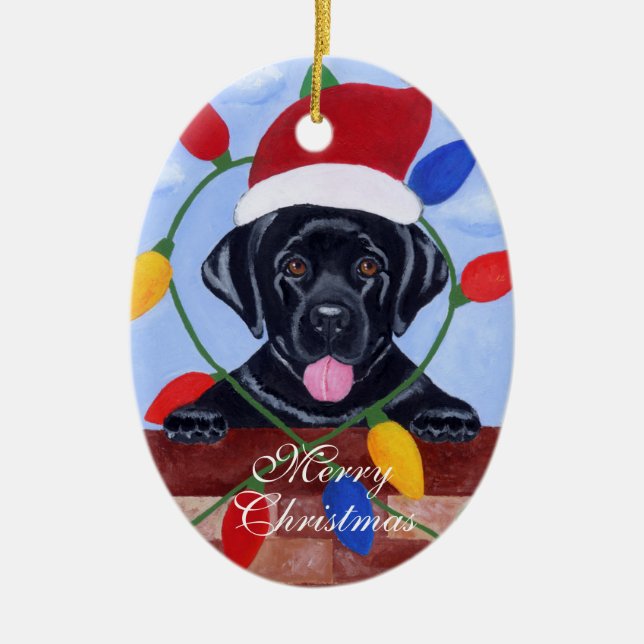 Personalised Black Lab Puppy Christmas Ceramic Tree Decoration (Front)