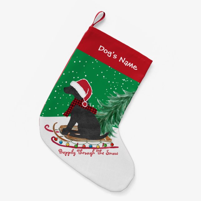 Personalised Black Lab Xmas Sled Small Christmas Stocking (Front (Hanging))