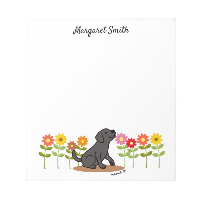 Personalised Black Labrador and Green and Flowers Notepad (Front)