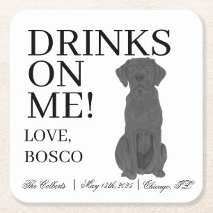 Personalised Black Labrador Dog Wedding Square Paper Coaster