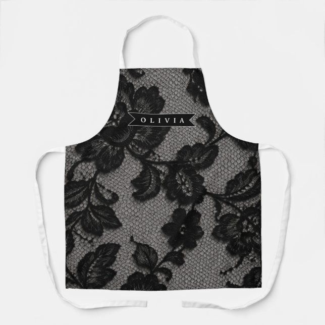 Personalised Black Lace Floral Elegant Monogram Apron (Front)