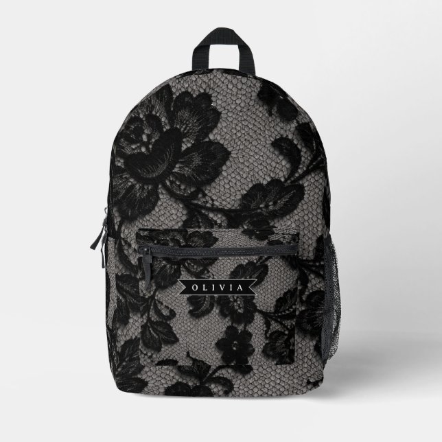 Personalised Black Lace Floral Elegant Monogram Printed Backpack (Front)