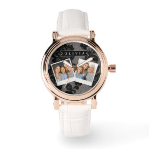 Personalised Black Lace Floral Elegant Monogram Watch
