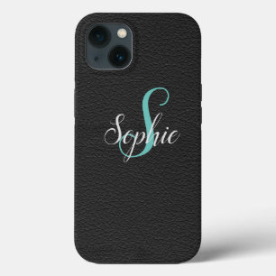 Personalised Black Leather Effect Monogrammed iPhone 13 Case