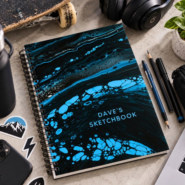 Personalised Black Marble Sketchbook Notebook (black and blue marble artist sketchbook. Personalize it with your name.)