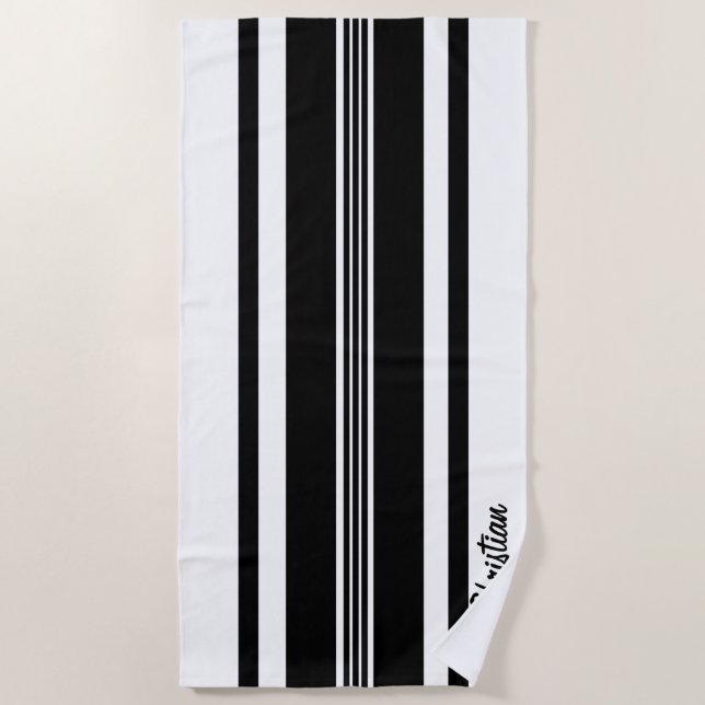Personalised Black Modern Racing Stripes Beach Towel (Front)