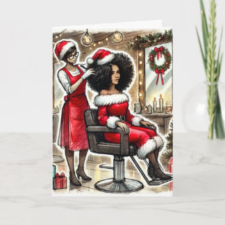 Personalised Black Mrs. Claus Getting her hair Holiday Card