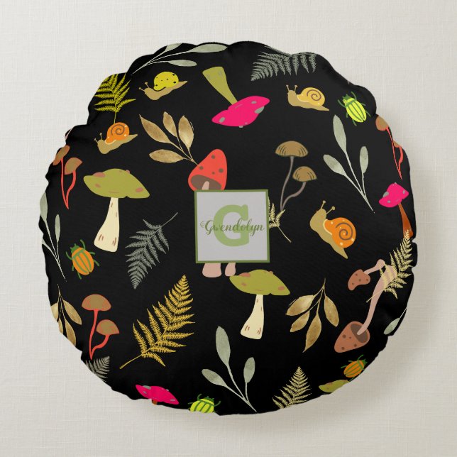 Personalised Black Mushroom Botanical Round Pillow (Front)