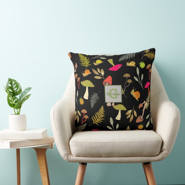 Personalised Black Mushroom Botanical Throw Pillow (Chair)