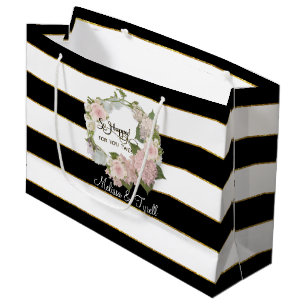 Personalised Black n White Striped Rose Hydrangeas Large Gift Bag