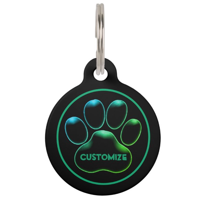 Personalised Black Neon Glow Paw Print Pet Tag (Front)