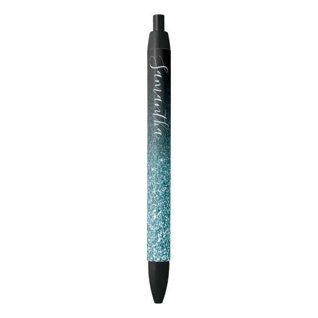 Personalised Black Ombre Faux Teal Glitter Ink Pen (Front Vertical)