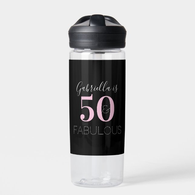 Personalised Black Pink 50th Birthday Party Favour Water Bottle (Front)