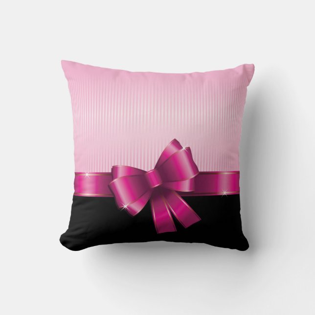 Personalised Black PINK GRADIENT Stripes PINK BOW Cushion (Front)