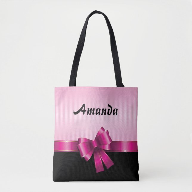 Personalised Black PINK GRADIENT Stripes PINK BOW Tote Bag (Front)