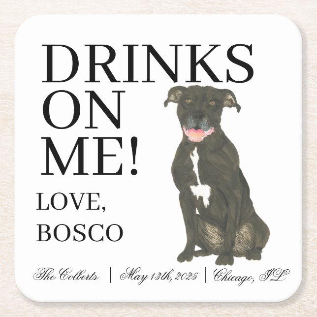 Personalised Black Pitbull Staffy Dog Wedding Square Paper Coaster (Front)