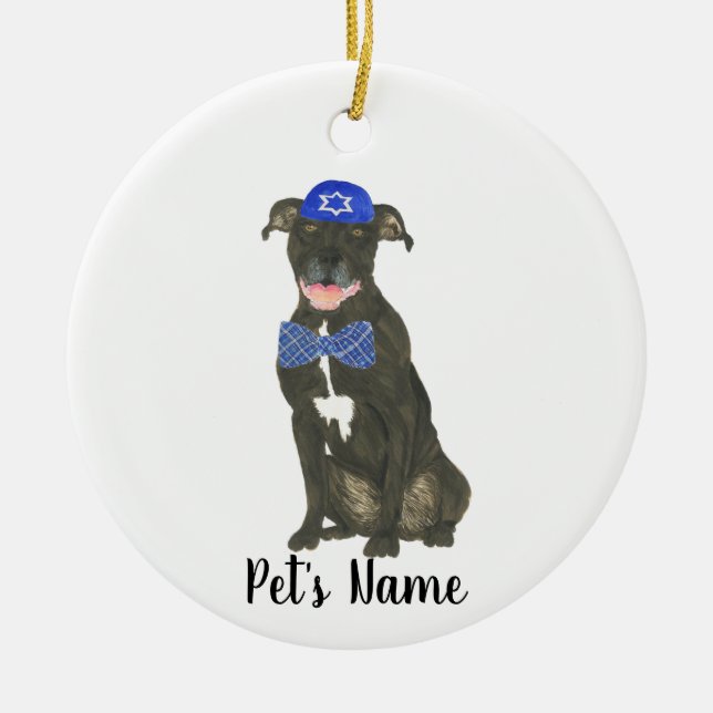 Personalised Black Pitbull Staffy Yarmulke Tie Ceramic Tree Decoration (Front)