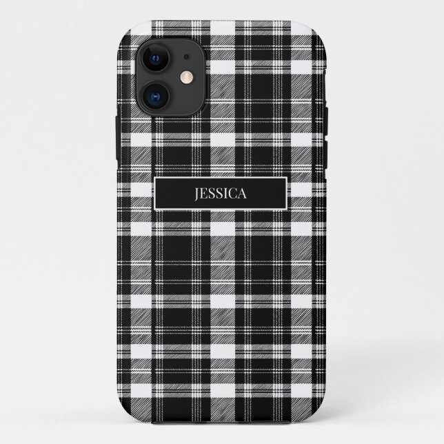 Personalised Black Plaid Pattern White Name Modern Case-Mate iPhone Case (Back)